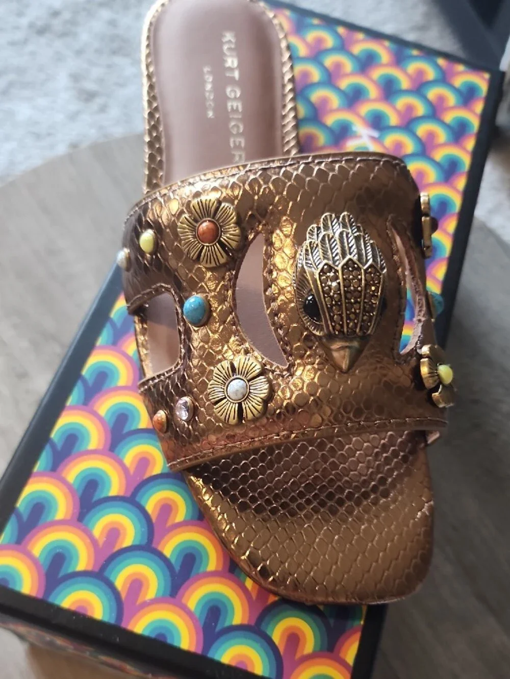 Kurt Geiger Metallic Bronze Slide with Floral Studs and Owl Accent